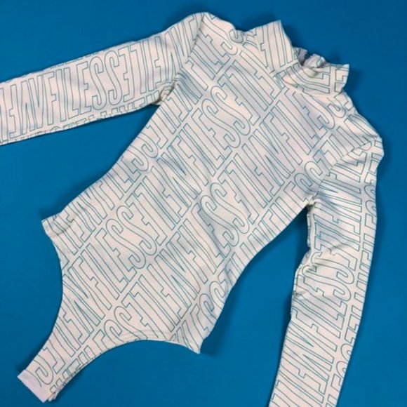 VFiles Tops - V Files white baby blue all over logo long sleeve mock neck bodysuit